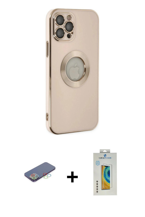 ieg™ iPhone 12 Pro Kılıf İz Form Serisi - Siyah Polymer Nano Ekran Koruyucu + Mavi Renkli Kamera Len