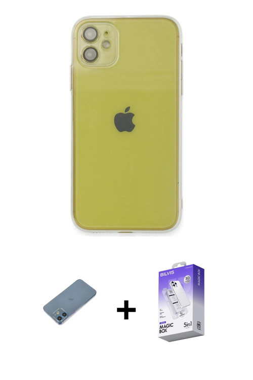 ieg™ iPhone 12 Kılıf Ahenk Doku - Siyah Bilvis 5in1 3D Magic Cam Ekran Koruyucu + Mavi Shine Kamera