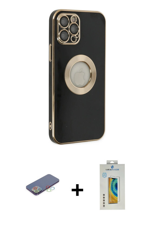 ieg™ iPhone 12 Pro Kılıf İz Form Serisi - Siyah Polymer Nano Ekran Koruyucu + Mavi Renkli Kamera Len