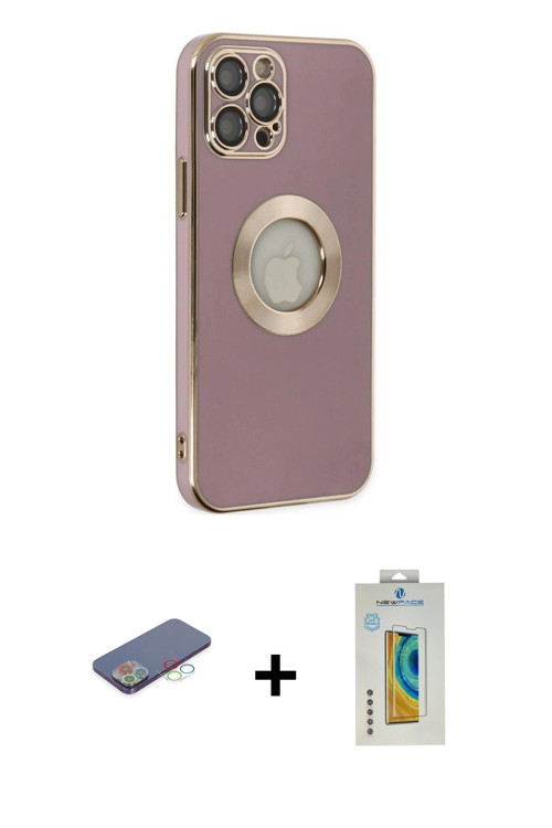 ieg™ iPhone 12 Pro Kılıf İz Form Serisi - Siyah Polymer Nano Ekran Koruyucu + Mavi Renkli Kamera Len
