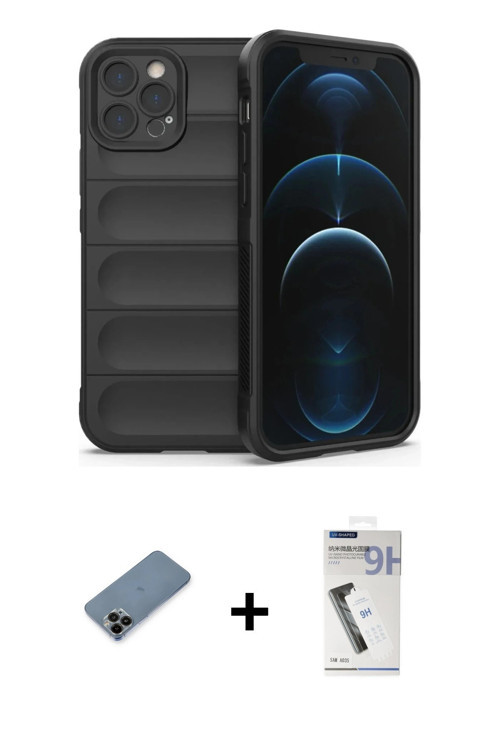 ieg™ iPhone 12 Pro Kılıf Atlas Koleksiyonu - Şeffaf Uv Polymer Nano Ekran Koruyucu + Siyah Shine Kam
