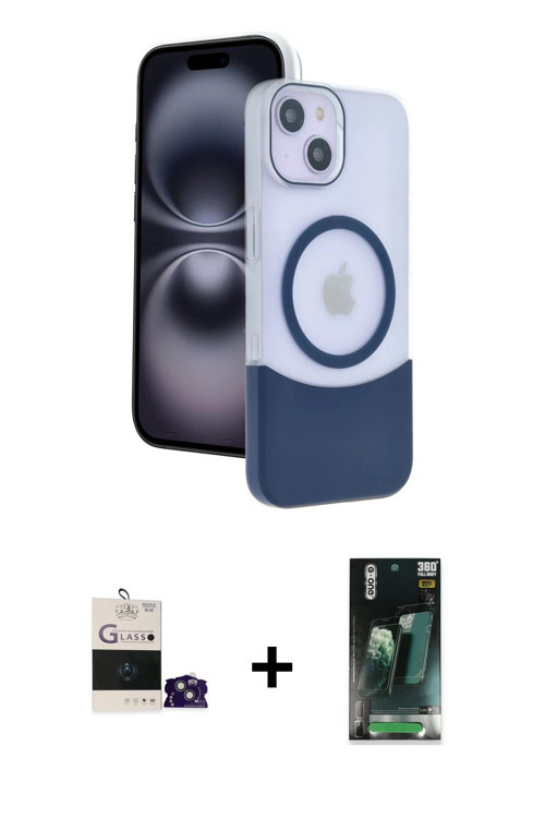 ieg™ iPhone 15 Kılıf Kozmos Form Özel Seri - Şeffaf 360 Full Body Arka Koruyucu + Sierra Blue Bilvis