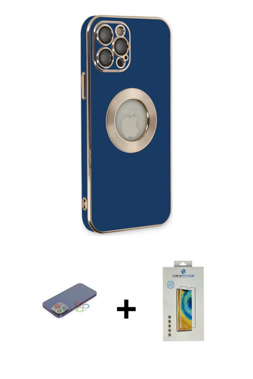 ieg™ iPhone 12 Pro Kılıf İz Form Serisi - Siyah Polymer Nano Ekran Koruyucu + Mavi Renkli Kamera Len