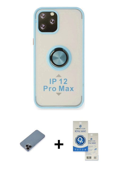 ieg™ iPhone 12 Pro Max Kılıf Yörünge Çizgi - Şeffaf Royal Nano Ekran Koruyucu + Siyah Metal Kamera L