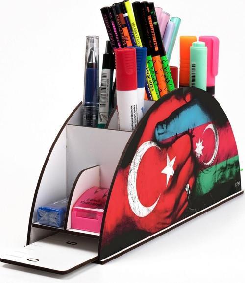 Ahşap Vip Türkiye-Azerbaycan Serisi Gökkuşağı Cetvelli Masaüstü Kalemlik Organizer Montajlı Kutulu