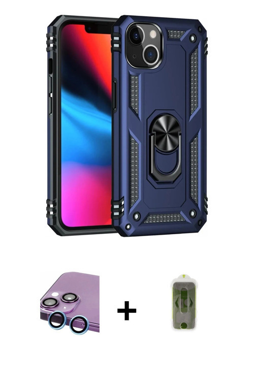ieg™ iPhone 14 Kılıf Ahenk Klasik Koleksiyonu - Siyah Joko Magic 5D Hayalet Cam + Mavi Raze Metal Ka