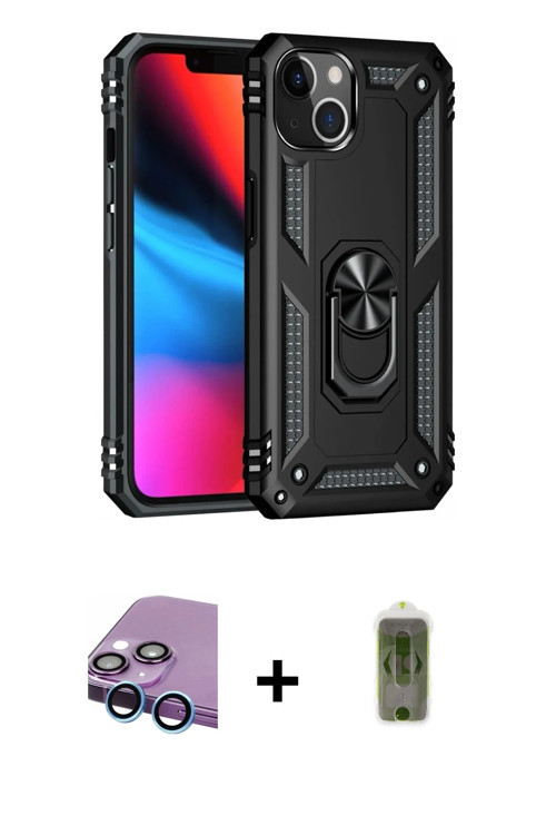 ieg™ iPhone 14 Kılıf Ahenk Klasik Koleksiyonu - Siyah Joko Magic 5D Hayalet Cam + Mavi Raze Metal Ka