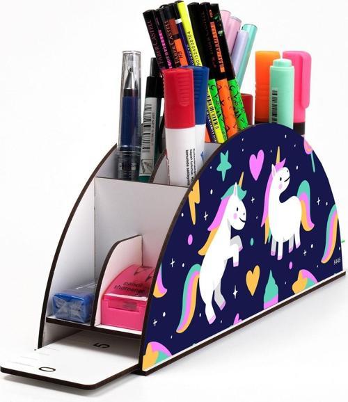 Ahşap Vip Unicornlar Model Gökkuşağı Cetvelli Masaüstü Kalemlik Organizer Montajlı Kutulu
