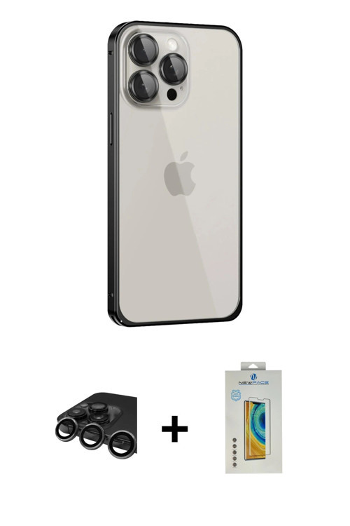 ieg™ iPhone 15 Pro Kılıf Eksen Form Serisi - Siyah Polymer Nano Ekran Koruyucu + Titanyum Gri Raze M
