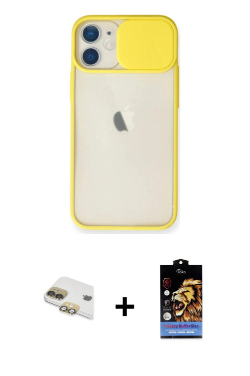 ieg™ iPhone 11 Kılıf Vadi Çizgi - Siyah Buffer Hayalet Cam Ekran Koruyucu + Gold Pers Alüminyum Kame