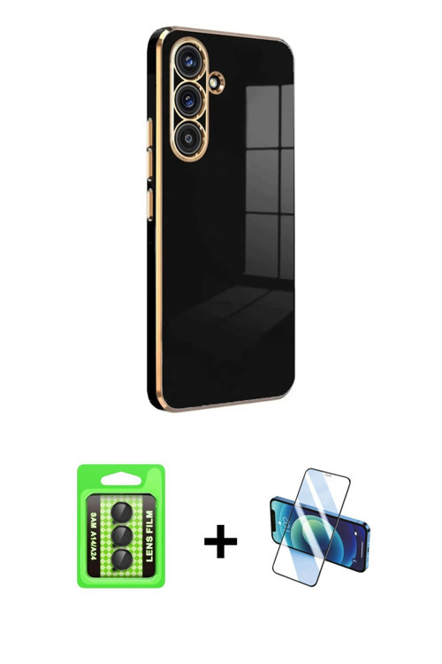 ieg™ Galaxy A24 4G Kılıf Yankı Serisi - Siyah 3D Antistatik Cam Ekran Koruyucu + Siyah Raze Metal Ka