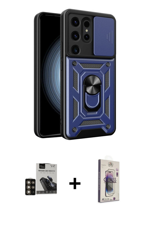 ieg™ Galaxy S24 Ultra Kılıf Ahenk Klasik - Siyah Bilvis 3D Cam Ekran Koruyucu + Gold PVD Metal Kamer