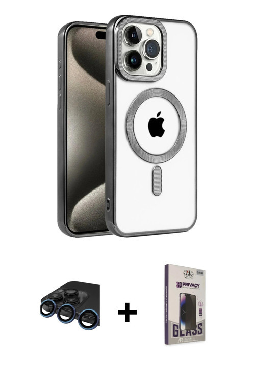 ieg™ iPhone 15 Pro Max Kılıf Eksen Form Koleksiyonu - Siyah Bilvis Hayalet Cam Ekran Koruyucu + Laci