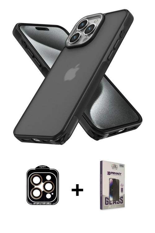 ieg™ iPhone 15 Pro Max Kılıf Atlas Form - Siyah Bilvis Hayalet Cam Ekran Koruyucu + Turuncu PVD Meta