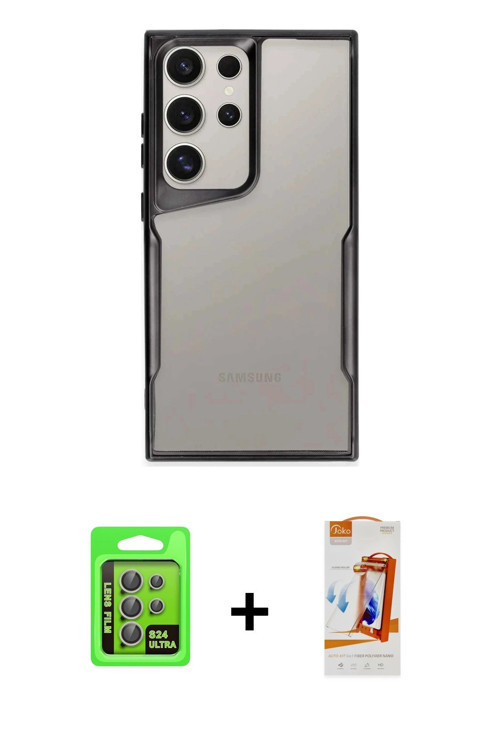 ieg™ Galaxy S24 Ultra Kılıf Akış Çizgi Koleksiyonu - Siyah AutoKit 5in1 Fiber Polymer Nano Ekran Kor