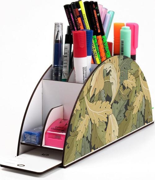 Ahşap Vip Yaprak Serisi Gökkuşağı Cetvelli Masaüstü Kalemlik Organizer Montajlı Kutulu