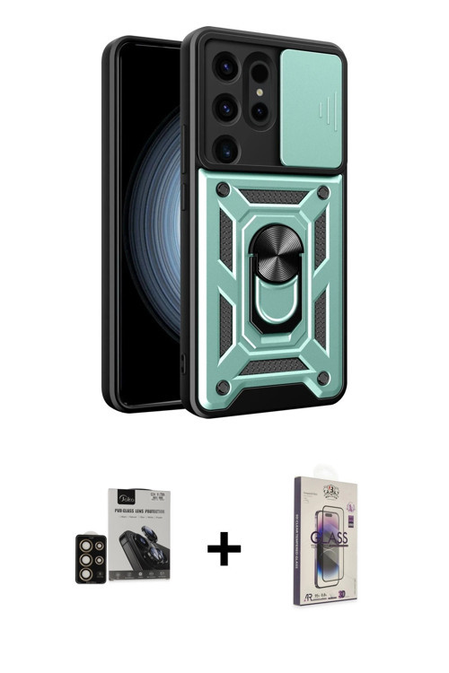 ieg™ Galaxy S24 Ultra Kılıf Ahenk Klasik - Siyah Bilvis 3D Cam Ekran Koruyucu + Gold PVD Metal Kamer