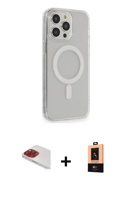 ieg™ iPhone 13 Pro Max Kılıf Pusula Çizgi Koleksiyonu - Şeffaf Maxco Cam Ekran Koruyucu + Kırmızı Pe
