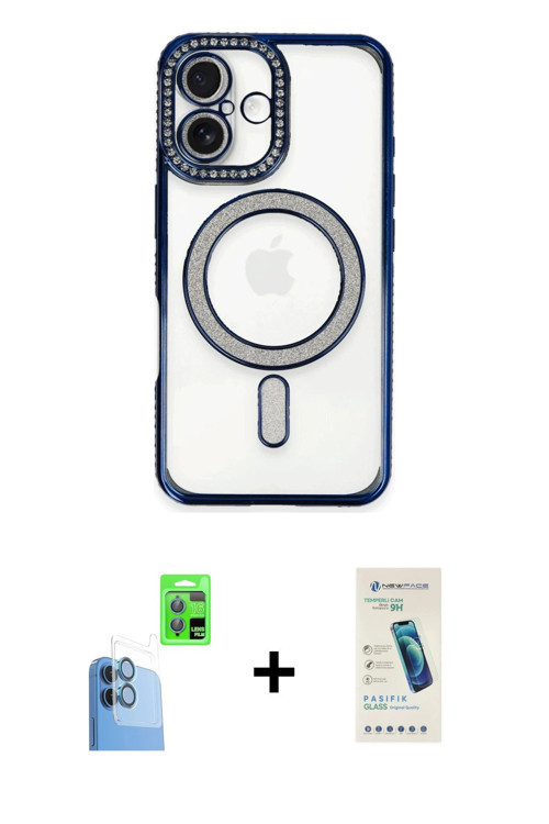 ieg™ iPhone 16 Plus Kılıf Zirve Doku Prime - Şeffaf Pasifik Cam Ekran Koruyucu + Lacivert Raze Metal