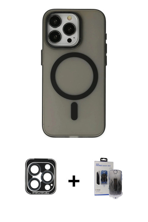 ieg™ iPhone 15 Pro Max Kılıf Yadigar Işık - Siyah Vanessa Magic Hayalet Cam + Lacivert PVD Metal Kam