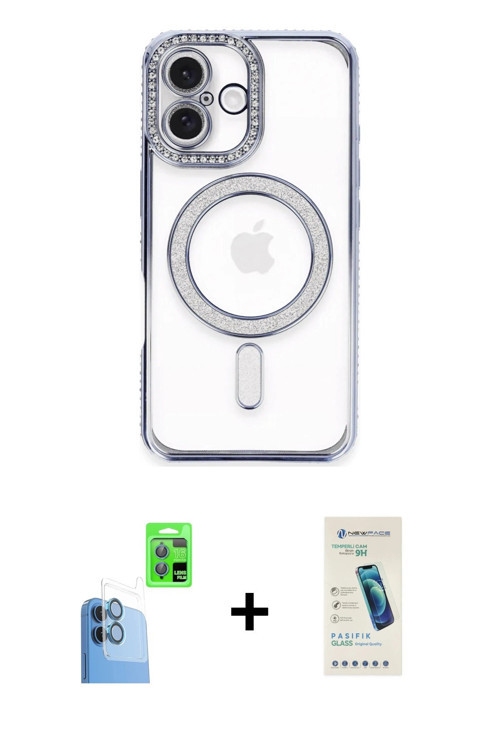 ieg™ iPhone 16 Plus Kılıf Zirve Doku Prime - Şeffaf Pasifik Cam Ekran Koruyucu + Lacivert Raze Metal