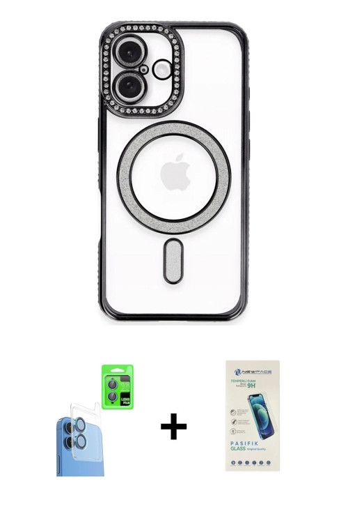 ieg™ iPhone 16 Plus Kılıf Zirve Doku Prime - Şeffaf Pasifik Cam Ekran Koruyucu + Lacivert Raze Metal