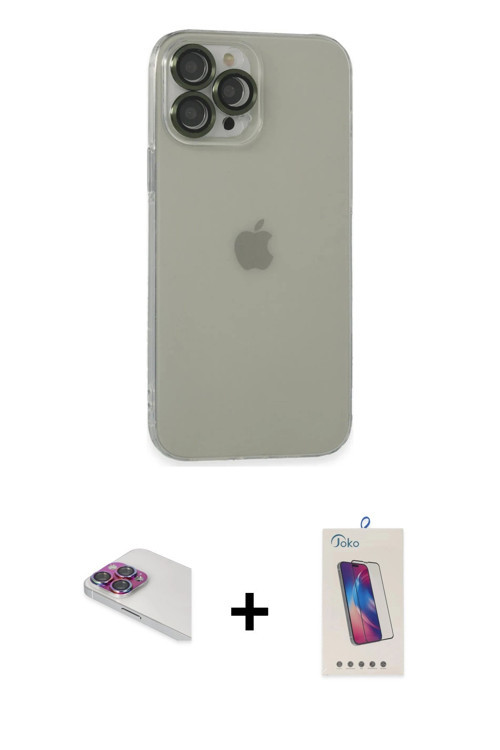 ieg™ iPhone 13 Pro Max Kılıf Ufuk Minimal Özel Seri - Siyah Joko 5D Cam + Gökkuşağı Pers Alüminyum K