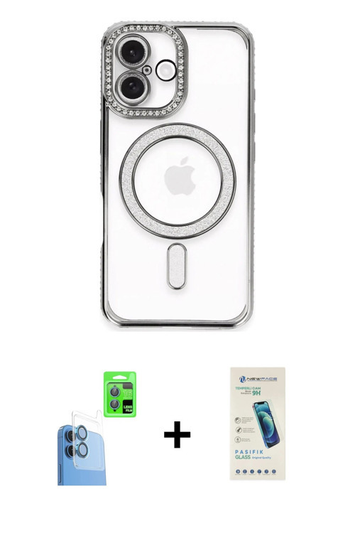 ieg™ iPhone 16 Plus Kılıf Zirve Doku Prime - Şeffaf Pasifik Cam Ekran Koruyucu + Lacivert Raze Metal