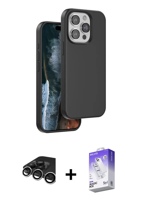 ieg™ iPhone 15 Pro Kılıf Kıvılcım Çizgi Serisi - Siyah Bilvis 5in1 3D Magic Cam Ekran Koruyucu + Güm