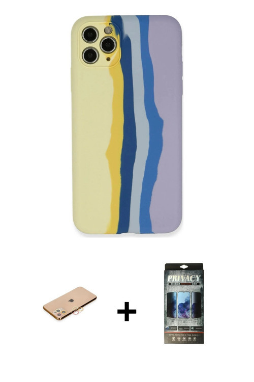 ieg™ iPhone 11 Pro Kılıf Yadigar Çizgi - Siyah 34D Hayalet Izgaralı Cam + Turuncu Renkli Kamera Lens