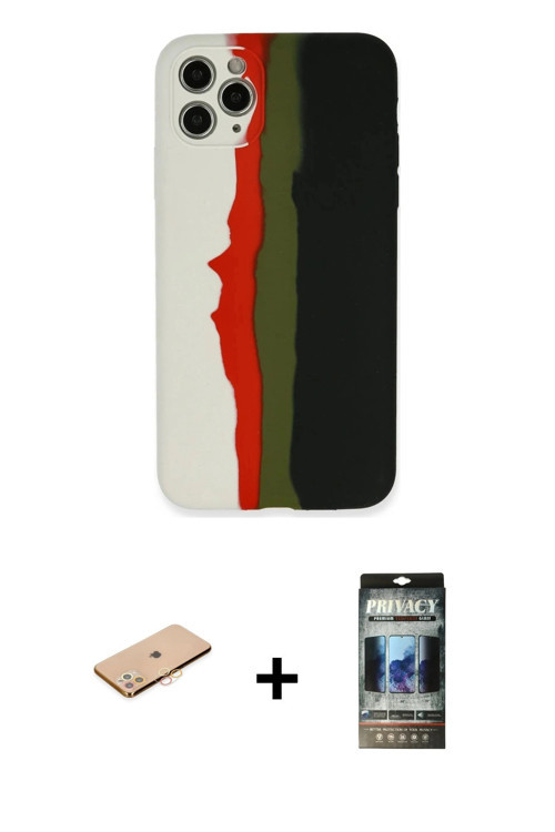 ieg™ iPhone 11 Pro Kılıf Yadigar Çizgi - Siyah 34D Hayalet Izgaralı Cam + Turuncu Renkli Kamera Lens