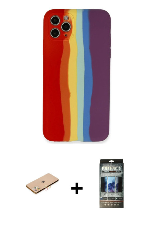 ieg™ iPhone 11 Pro Kılıf Yadigar Çizgi - Siyah 34D Hayalet Izgaralı Cam + Turuncu Renkli Kamera Lens