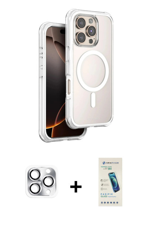 ieg™ iPhone 16 Pro Max Kılıf Zirve Klasik Prime - Şeffaf Pasifik Cam Ekran Koruyucu + Gümüş Pers Alü