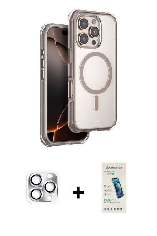 ieg™ iPhone 16 Pro Max Kılıf Zirve Klasik Prime - Şeffaf Pasifik Cam Ekran Koruyucu + Gümüş Pers Alü