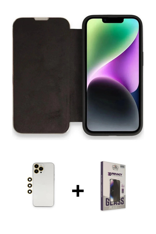 ieg™ iPhone 13 Pro Max Kılıf Siluet Minimal Serisi - Siyah Bilvis Hayalet Cam Ekran Koruyucu + Gold