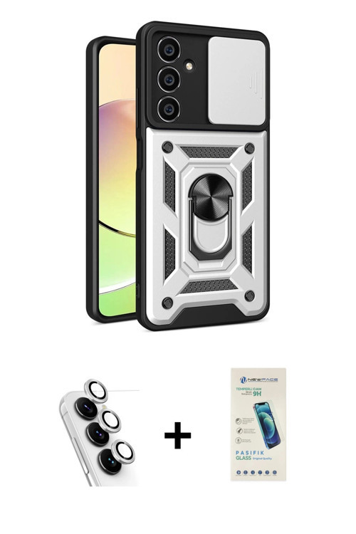 ieg™ Galaxy A25 5G Kılıf Ahenk Klasik - Şeffaf Pasifik Cam Ekran Koruyucu + Gümüş Valdez Metal Kamer