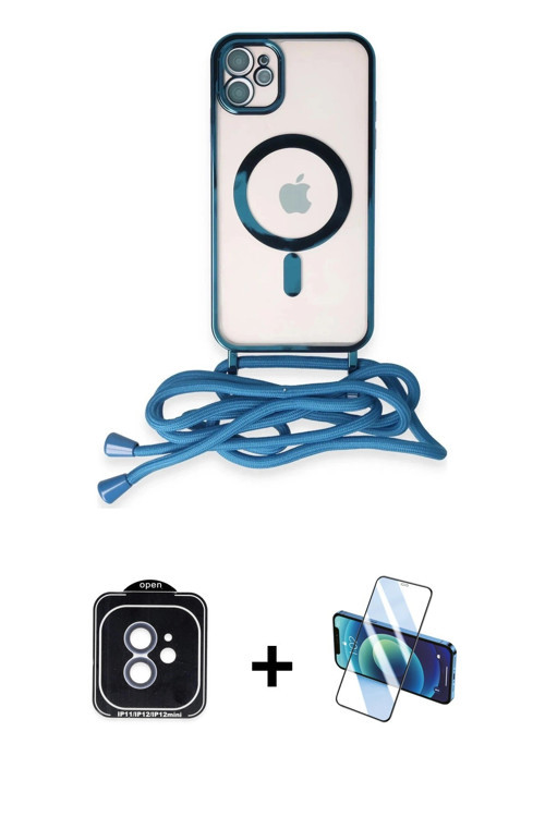 ieg™ iPhone 11 Kılıf Eksen Özel Seri - Siyah 3D Antistatik Seramik Nano Ekran Koruyucu + Mavi PVD Me