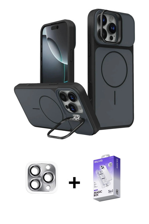 ieg™ iPhone 16 Pro Max Kılıf İz Modern Prime - Siyah Bilvis 5in1 3D Magic Cam Ekran Koruyucu + Gri P
