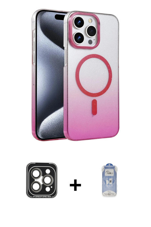 ieg™ iPhone 15 Pro Max Kılıf Ahenk Doku Özel Seri - Siyah Joko Magic 5D Cam + Gri PVD Metal Kamera L
