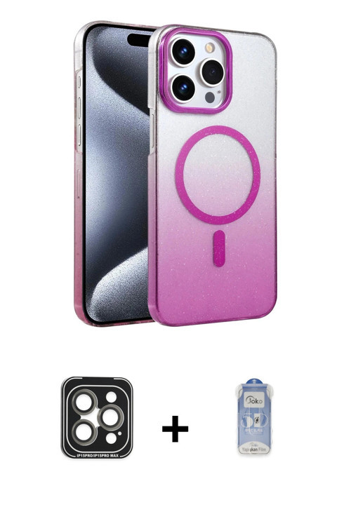 ieg™ iPhone 15 Pro Max Kılıf Ahenk Doku Özel Seri - Siyah Joko Magic 5D Cam + Gri PVD Metal Kamera L
