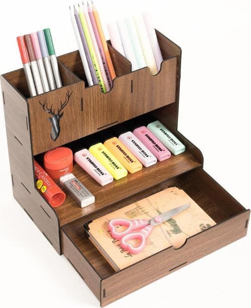 Çekmeceli Geyik Desenli Masaüstü Kalemlik Organizer Montajı Yapılmış Kutulu Ürün