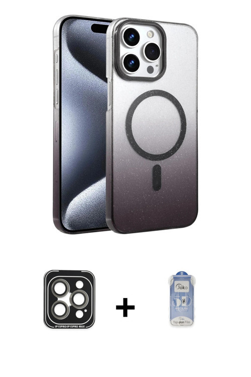 ieg™ iPhone 15 Pro Max Kılıf Ahenk Doku Özel Seri - Siyah Joko Magic 5D Cam + Gri PVD Metal Kamera L