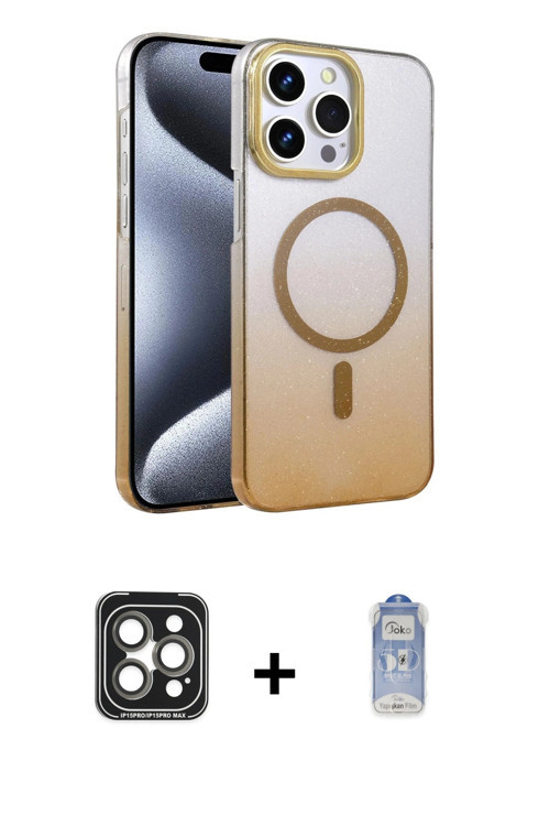ieg™ iPhone 15 Pro Max Kılıf Ahenk Doku Özel Seri - Siyah Joko Magic 5D Cam + Gri PVD Metal Kamera L
