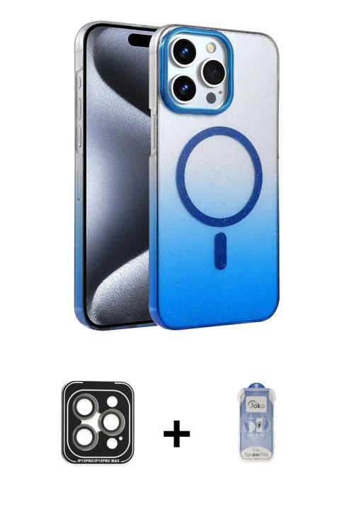 ieg™ iPhone 15 Pro Max Kılıf Ahenk Doku Özel Seri - Siyah Joko Magic 5D Cam + Gri PVD Metal Kamera L