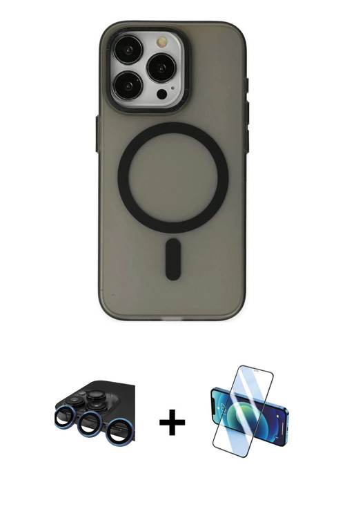 ieg™ iPhone 15 Pro Kılıf Yadigar Işık - Siyah 3D Antistatik Cam Ekran Koruyucu + Lacivert Raze Metal