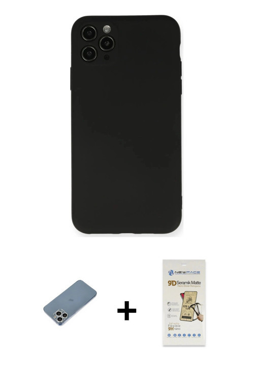 ieg™ iPhone 11 Pro Max Kılıf Ahenk Serisi - Siyah Mat Seramik Nano Ekran Koruyucu + Gümüş Shine Kame