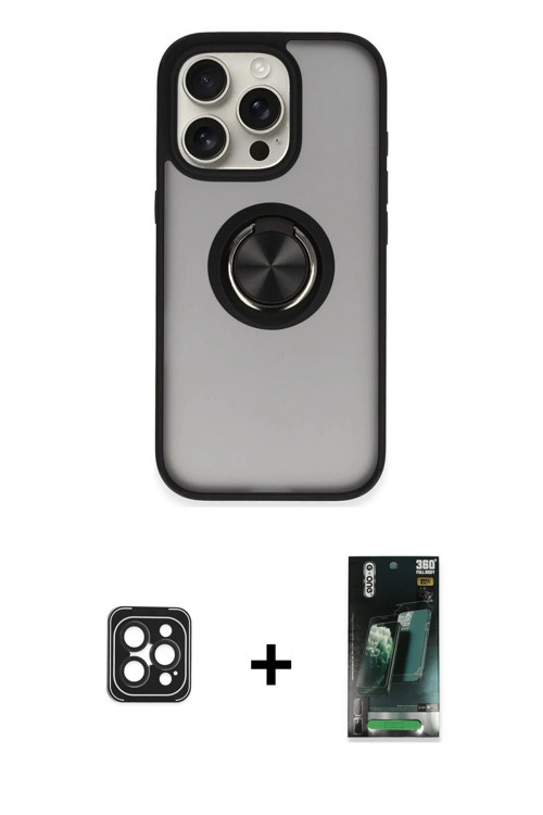 ieg™ iPhone 16 Pro Max Kılıf Yörünge Çizgi - Siyah 360 Mat Full Body Arka Koruyucu + Siyah PVD Metal