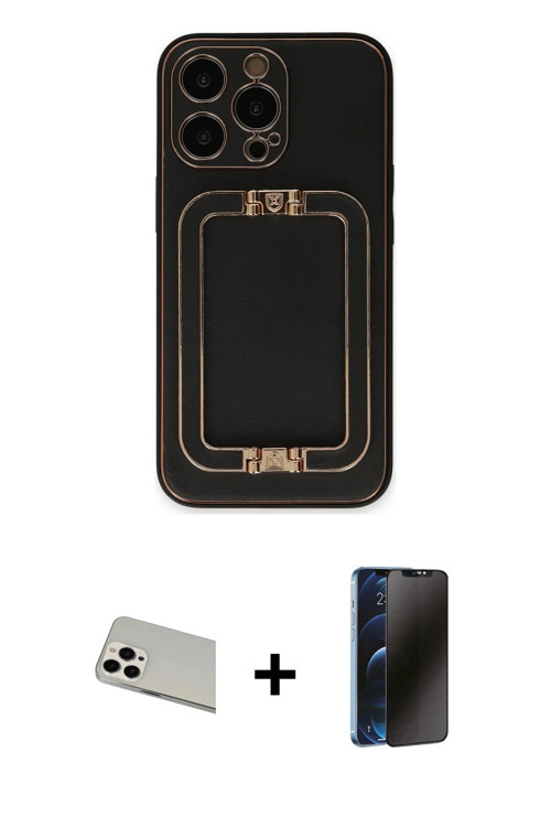 iPhone 13 Pro Max Kılıf Kozmos Minimal Prime - Siyah 3D Antistatik Hayalet Cam Ekran Koruyucu +