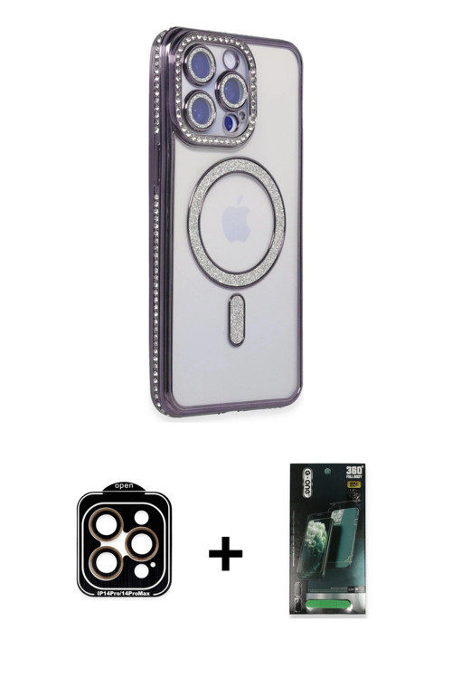 ieg™ iPhone 14 Pro Max Kılıf Zirve Doku Prime - Şeffaf 360 Full Body Arka Koruyucu + Turuncu PVD Met