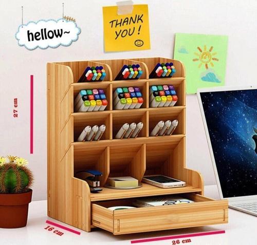 Çapraz 9 Bölmeli Çekmeceli Akçaağaç Masaüstü Kalemlik Organizer